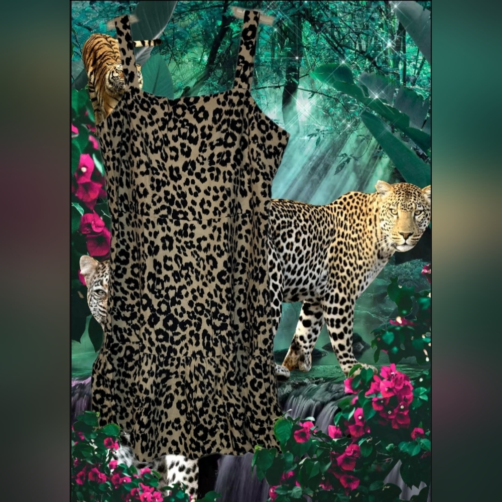 NY&C Animal Print Tiered  Strappy Mini Sundress Sz XL Linen Unlined Casual